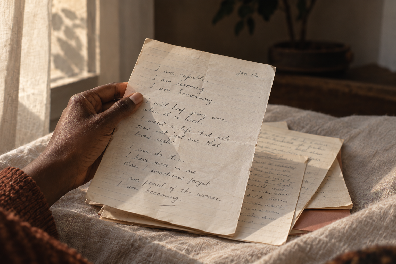 Hand holding a page of handwritten affirmations