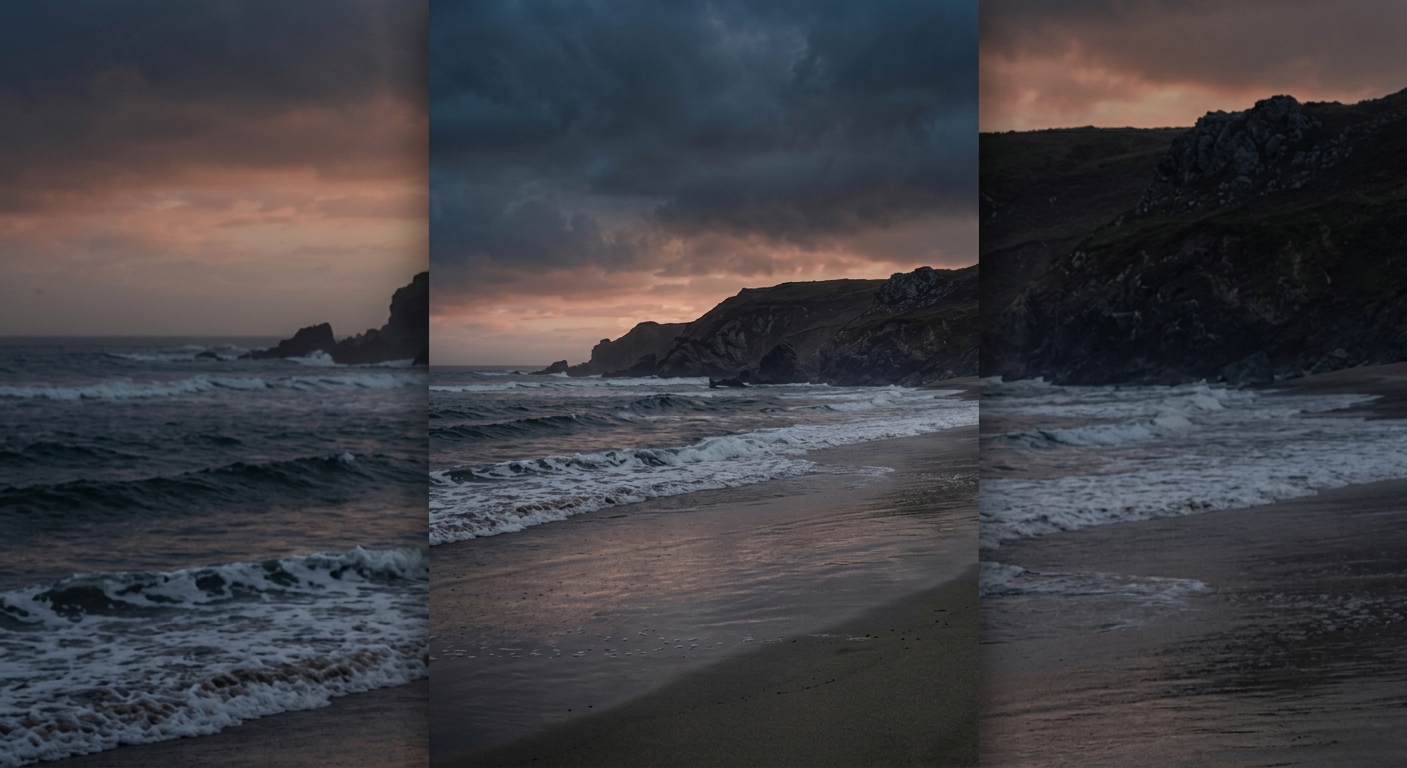 Ocean shoreline beneath a changing sky