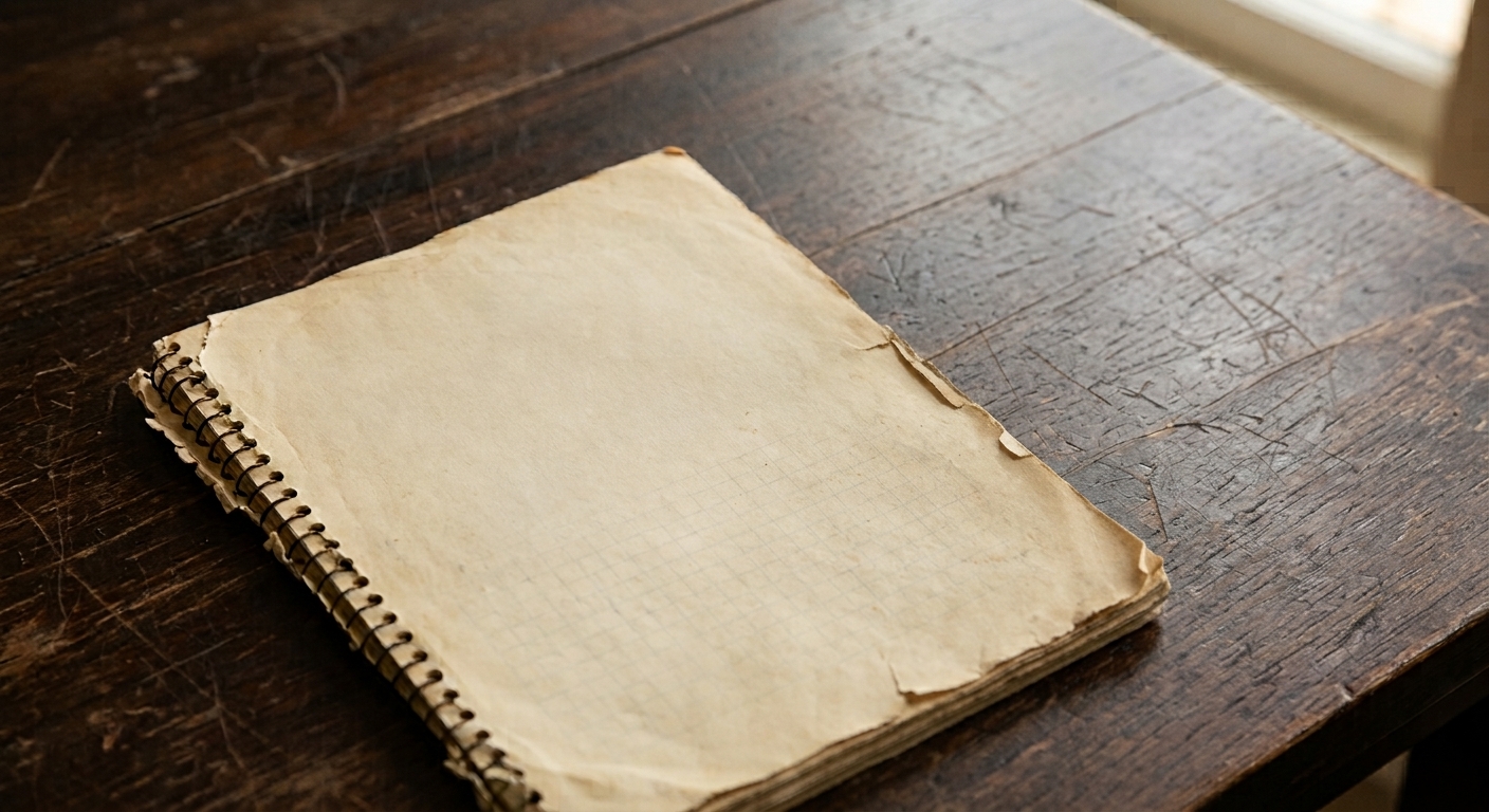 Blank, worn spiral notebook open on a wooden table